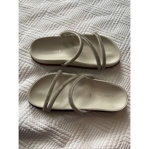 Constance White Strappy Rhinestone Sandals Size 5.5-6.5 Rubber Sole Made Brazil
